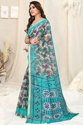 White Cotton Blend Checked Woven Leaf Print Golden Zari Border Saree With Unstitched Blouse Piece 2
