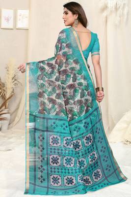 White Cotton Blend Checked Woven Leaf Print Golden Zari Border Saree With Unstitched Blouse Piece 3