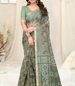 Beige Cotton Blend Checked Woven Leaf Print Golden Zari Border Saree With Unstitched Blouse Piece