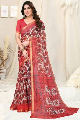 White Cotton Blend Checked Woven Leaf Print Golden Zari Border Saree With Unstitched Blouse Piece 1