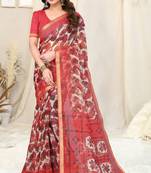 White Cotton Blend Checked Woven Leaf Print Golden Zari Border Saree With Unstitched Blouse Piece