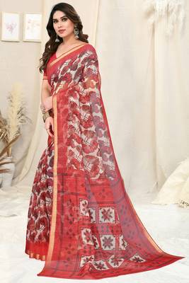 White Cotton Blend Checked Woven Leaf Print Golden Zari Border Saree With Unstitched Blouse Piece 2