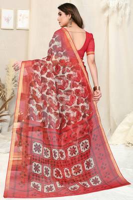 White Cotton Blend Checked Woven Leaf Print Golden Zari Border Saree With Unstitched Blouse Piece 3