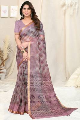Grey cotton blend checked woven block print golden zari border saree with unstitched blouse piece 1