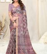 Grey cotton blend checked woven block print golden zari border saree with unstitched blouse piece