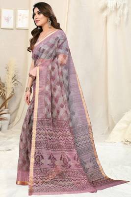 Grey cotton blend checked woven block print golden zari border saree with unstitched blouse piece 2