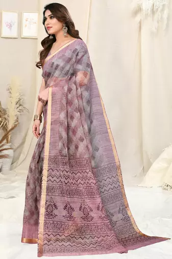Grey cotton blend checked woven block print golden zari border saree with unstitched blouse piece