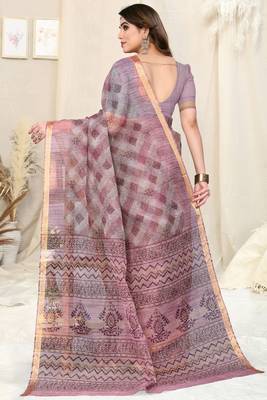 Grey cotton blend checked woven block print golden zari border saree with unstitched blouse piece 3