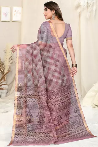 Grey cotton blend checked woven block print golden zari border saree with unstitched blouse piece