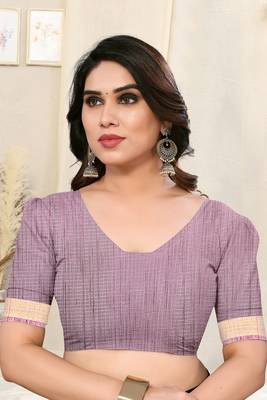 Grey cotton blend checked woven block print golden zari border saree with unstitched blouse piece 4