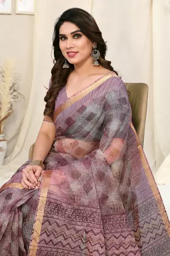 Grey cotton blend checked woven block print golden zari border saree with unstitched blouse piece