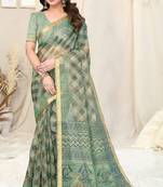 Light dusty teal cotton blend checked woven block print golden zari border saree with unstitched blouse piece