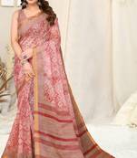 Light Red Cotton Blend Checked Woven Colorblock Print Golden Zari Border Saree With Unstitched Blouse Piece