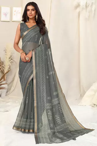Grey Cotton Blend Checked Woven Block Print Golden Zari Border Saree With Unstitched Blouse Piece