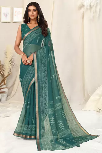Teal Cotton Blend Checked Woven Block Print Golden Zari Border Saree With Unstitched Blouse Piece