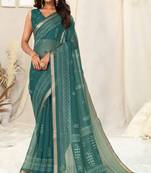 Teal Cotton Blend Checked Woven Block Print Golden Zari Border Saree With Unstitched Blouse Piece