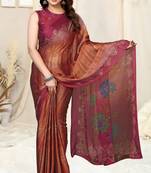 Rust chiffon shibori print block print saree with unstitched blouse piece