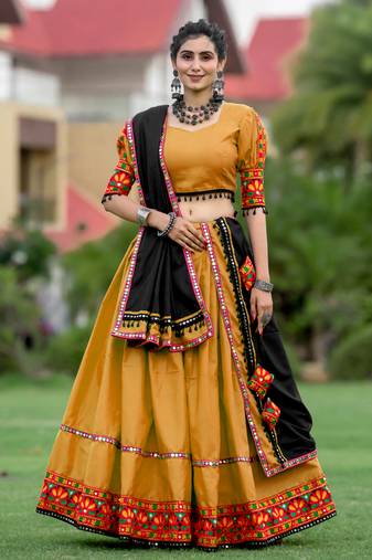 MUSTARD COLOR GAMTHI & MIRROR WORK COTTON SEMI-STITCHED CHANIYA CHOLI