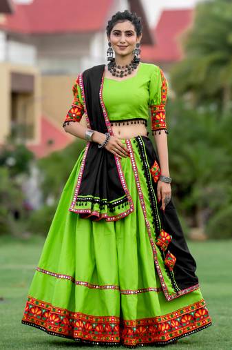 PARROT GREEN COLOR GAMTHI & MIRROR WORK COTTON SEMI-STITCHED CHANIYA CHOLI