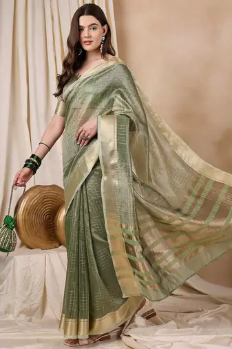 Riva Enterprise Women'S Organza Fabric With Golden Woven Border Saree