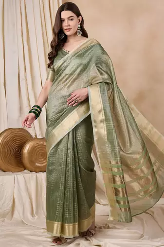 Riva Enterprise Women'S Organza Fabric With Golden Woven Border Saree