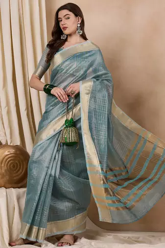 Riva enterprise women's organza fabric with golden woven border saree
