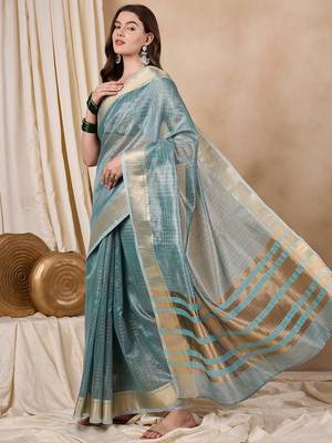 Riva enterprise women's organza fabric with golden woven border saree 2