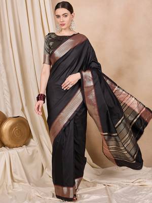 Riva Enterprise Women'S Cotton Silk Solid Print With Golden Woven Border Saree 1
