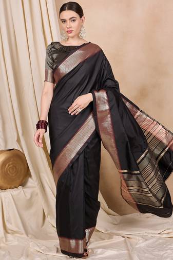 Riva Enterprise Women'S Cotton Silk Solid Print With Golden Woven Border Saree
