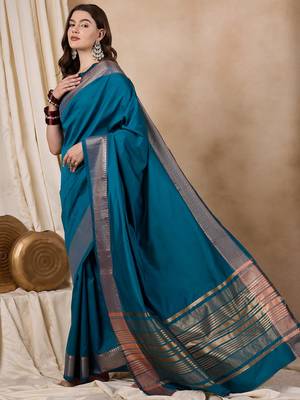 Riva Enterprise Women'S Cotton Silk Solid Print With Golden Woven Border Saree 2