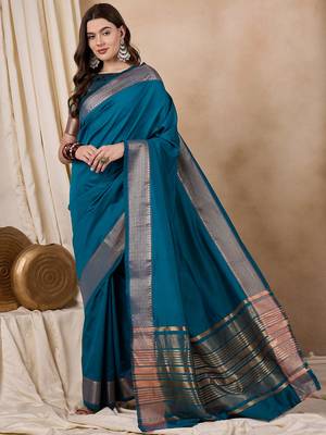 Riva Enterprise Women'S Cotton Silk Solid Print With Golden Woven Border Saree 3