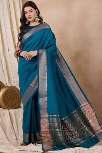 Riva Enterprise Women'S Cotton Silk Solid Print With Golden Woven Border Saree