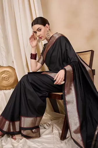 Riva Enterprise Women'S Cotton Silk Solid Print With Golden Woven Border Saree