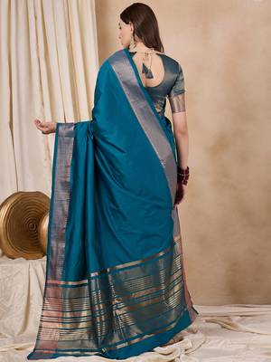 Riva Enterprise Women'S Cotton Silk Solid Print With Golden Woven Border Saree 4