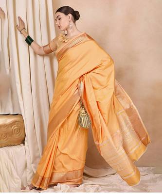 Riva Enterprise Women'S Cotton Silk Solid Print With Golden Woven Border Saree 1