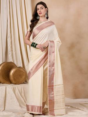 Riva Enterprise Women'S Cotton Silk Solid Print With Golden Woven Border Saree 3