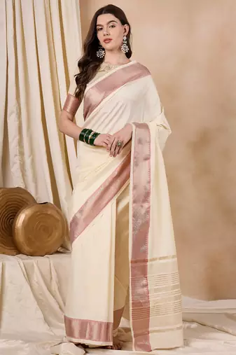 Riva Enterprise Women'S Cotton Silk Solid Print With Golden Woven Border Saree