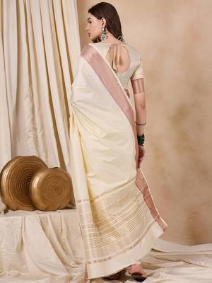 Riva Enterprise Women'S Cotton Silk Solid Print With Golden Woven Border Saree 4