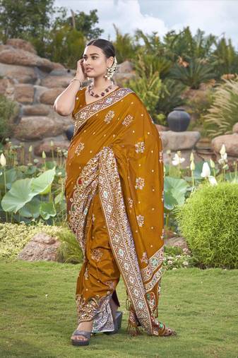 Manohari most trendy banarasi woven mustard saree with heavy jacquard work saree with blouse piece