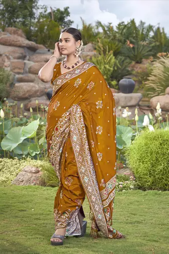 Manohari most trendy banarasi woven mustard saree with heavy jacquard work saree with blouse piece