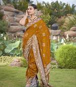 Manohari most trendy banarasi woven mustard saree with heavy jacquard work saree with blouse piece