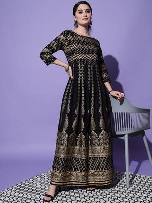 Black zig zag printed work rayon anarkali kurta 1