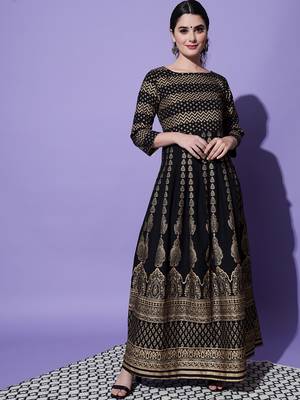 Black zig zag printed work rayon anarkali kurta 5