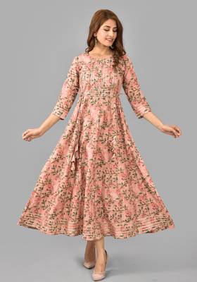 Pink floral printed with lace work rayon anarkali kurta 1