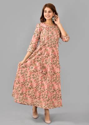 Pink floral printed with lace work rayon anarkali kurta 2