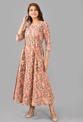 Pink floral printed with lace work rayon anarkali kurta 4
