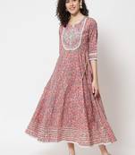Pink floral printed with embroidered work cotton anarkali kurta