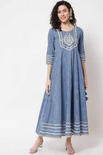 Blue ethnic motif printed with embroidered work cotton anarkali kurta