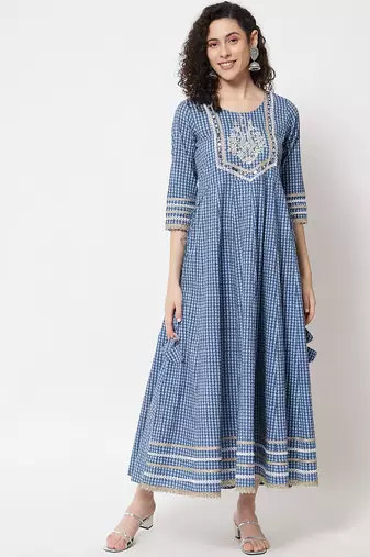 Blue ethnic motif printed with embroidered work cotton anarkali kurta