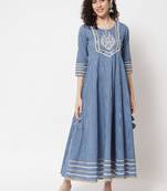 Blue ethnic motif printed with embroidered work cotton anarkali kurta